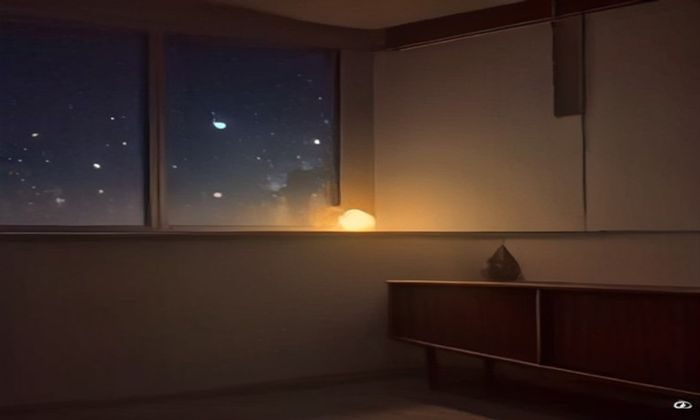 深夜卧室场景，一部手机屏幕显示干净的视频播放界面，柔和绿色氛围灯营造安心感